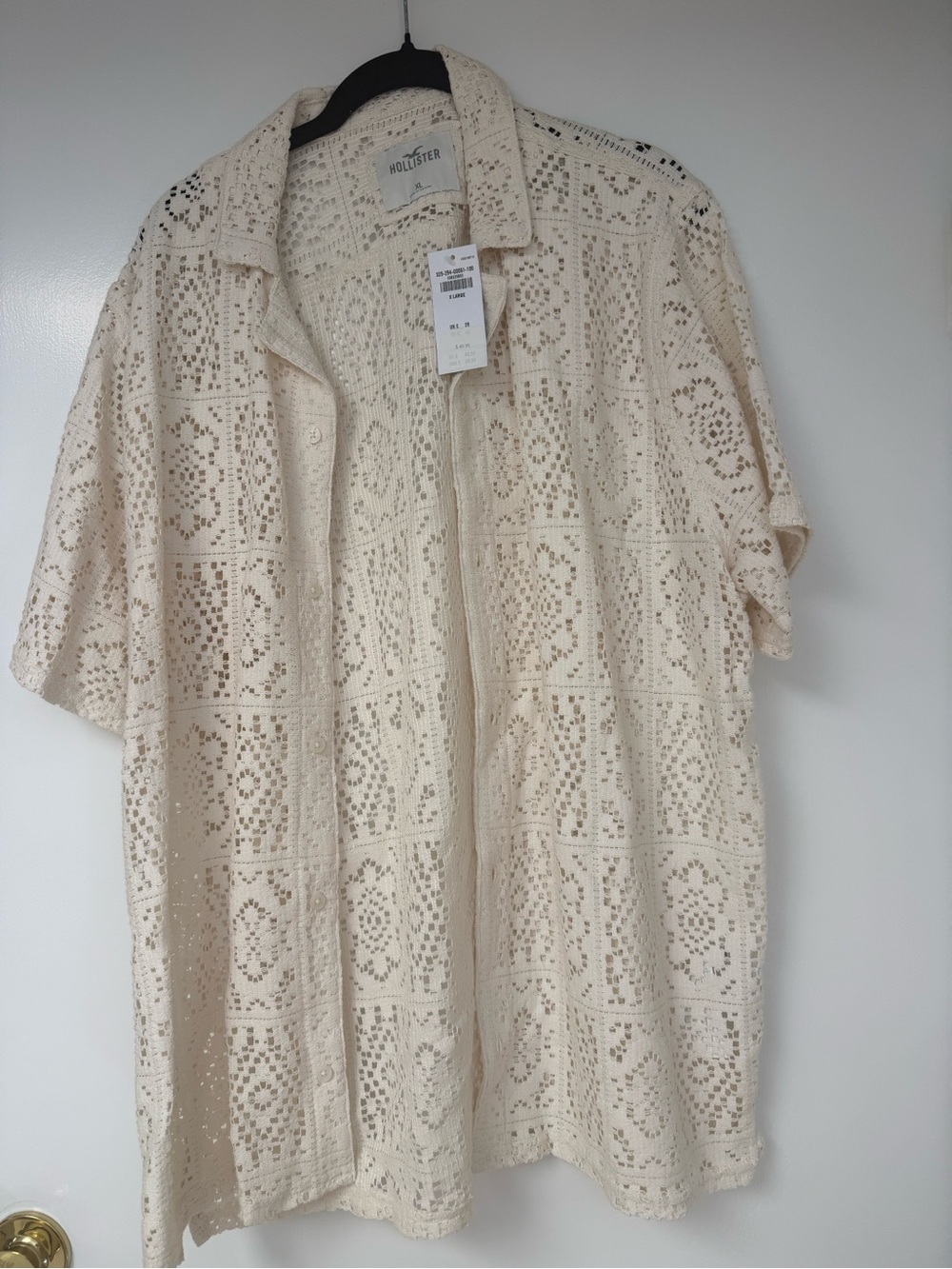 Hollister Men’s Cream Crochet Short Sleeve Shirt
